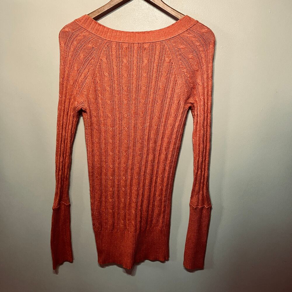 American Eagle Sweater Y2K Academia Peach Deep V Neck Long Sleeve Ribbed Knit L - Picture 4 of 6